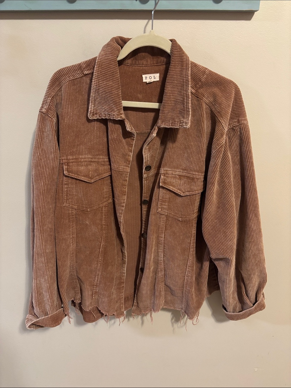 POL Corduroy Jacket Shacket Women 3XL Brown Tan Raw Hem Distressed 100% Cotton